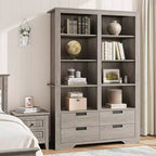 Libreria alta 183 cm con contenitore, libreria a pavimento stile farmhouse, libreria con 4 cassetti, scaffali espositivi autoportanti