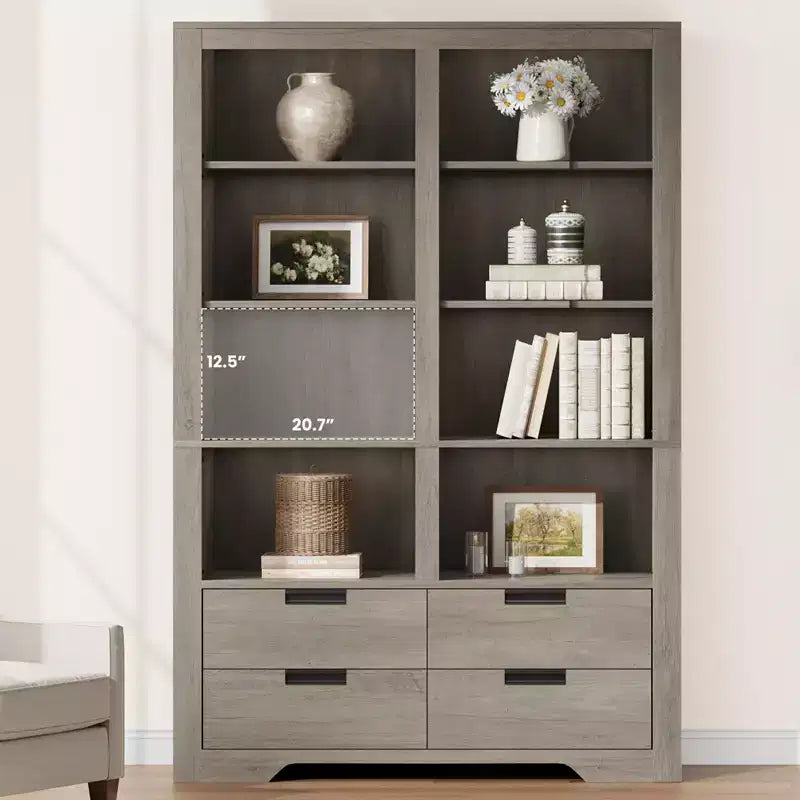 Libreria alta 183 cm con contenitore, libreria a pavimento stile farmhouse, libreria con 4 cassetti, scaffali espositivi autoportanti