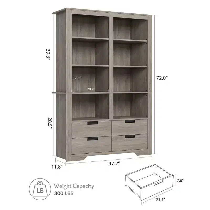 Libreria alta 183 cm con contenitore, libreria a pavimento stile farmhouse, libreria con 4 cassetti, scaffali espositivi autoportanti