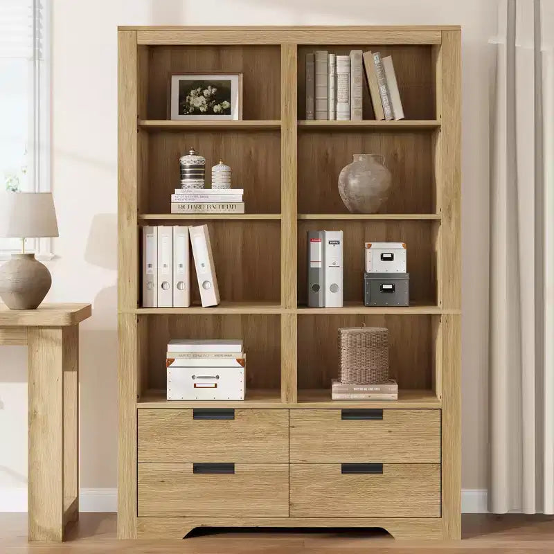 Libreria alta 183 cm con contenitore, libreria a pavimento stile farmhouse, libreria con 4 cassetti, scaffali espositivi autoportanti