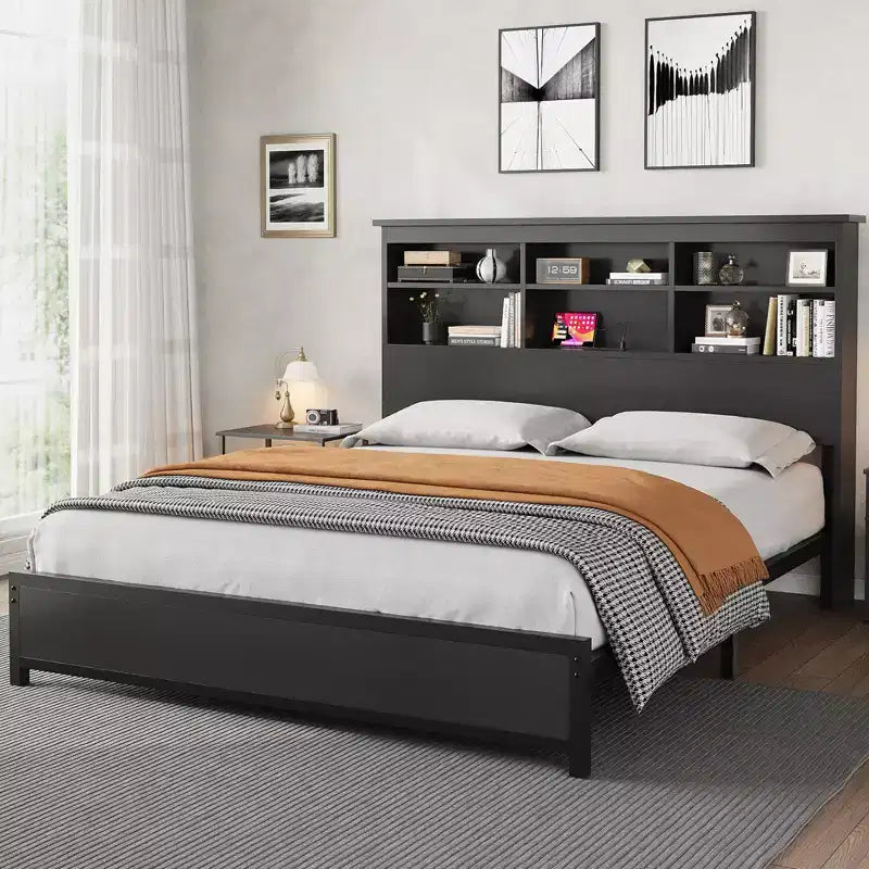 Bed Frame with Bookcase - 2-Tier High Headboard, Full Platform Bed with Charging Station, No Box Spring Needed, Easy Assemble, Black Mattress Frame