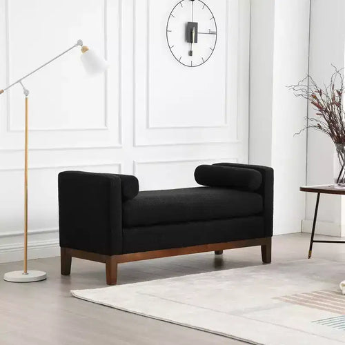 53.5 W Upholstered Bench, Wood Legs & Bolster Pillows, Boucle Fabric, for Bedroom, Living Room, Entryway