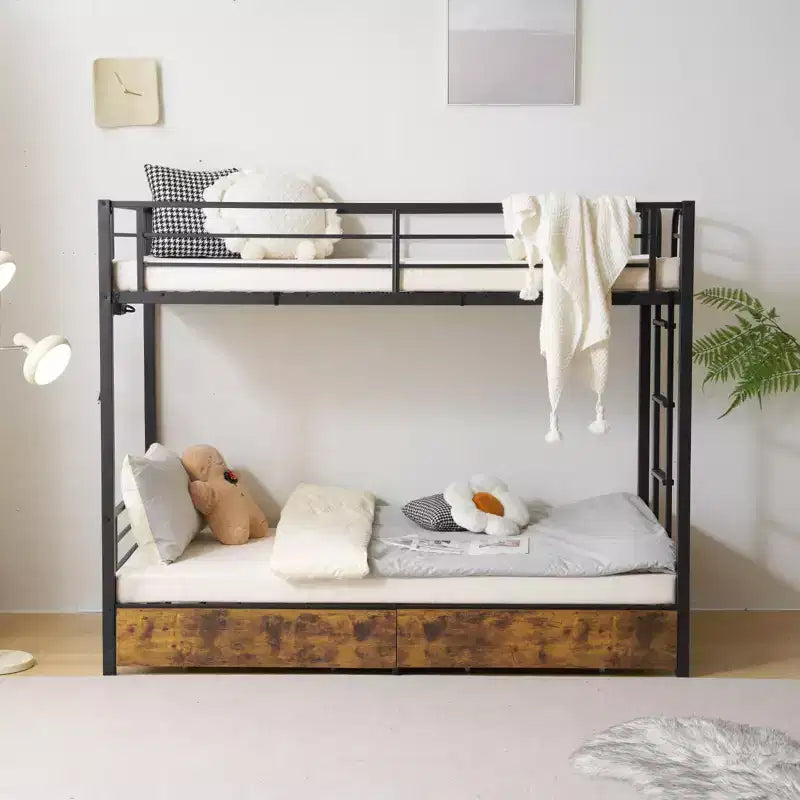 Letto a castello in metallo Karl Home con due letti singoli, due cassetti, stazione di ricarica e luce LED, Nero