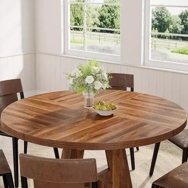 Tavolo da pranzo rotondo grande in legno Okak Farmhouse con base a croce, tavolo da pranzo in legno per sala da pranzo, angolo colazione