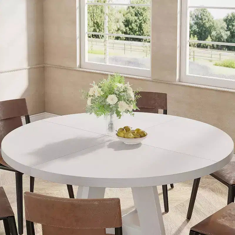 Tavolo da pranzo rotondo grande in legno Okak Farmhouse con base a croce, tavolo da pranzo in legno per sala da pranzo, angolo colazione