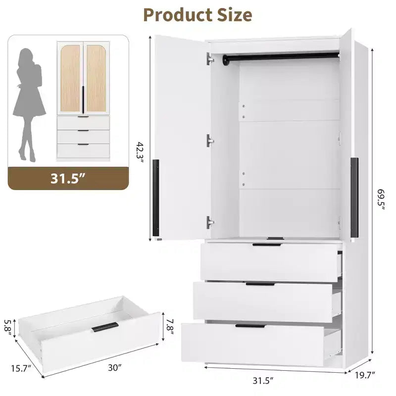 Coolmee Armadio Guardaroba in Rattan con 3 Cassetti e 2 Ante, Armadi in Legno per Abiti Appesi, Armadi Alti da Camera da Letto