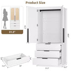 Coolmee Armadio Guardaroba in Rattan con 3 Cassetti e 2 Ante, Armadi in Legno per Abiti Appesi, Armadi Alti da Camera da Letto