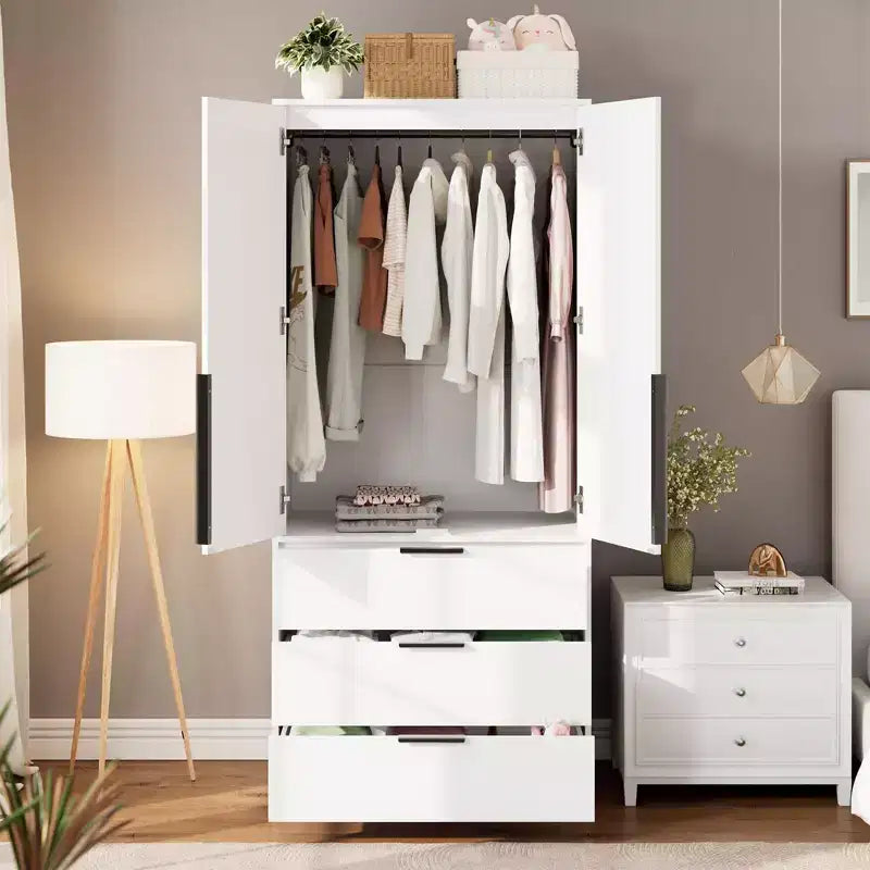 Coolmee Armadio Guardaroba in Rattan con 3 Cassetti e 2 Ante, Armadi in Legno per Abiti Appesi, Armadi Alti da Camera da Letto