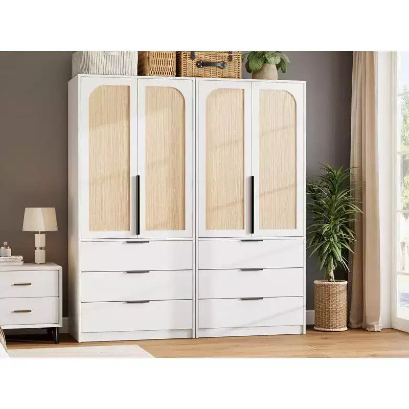 Coolmee Armadio Guardaroba in Rattan con 3 Cassetti e 2 Ante, Armadi in Legno per Abiti Appesi, Armadi Alti da Camera da Letto