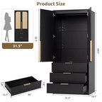 Coolmee Armadio Guardaroba in Rattan con 3 Cassetti e 2 Ante, Armadi in Legno per Abiti Appesi, Armadi Alti da Camera da Letto