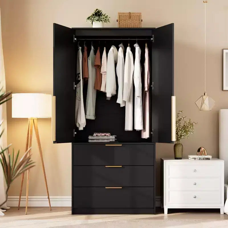 Coolmee Armadio Guardaroba in Rattan con 3 Cassetti e 2 Ante, Armadi in Legno per Abiti Appesi, Armadi Alti da Camera da Letto