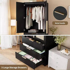 Coolmee Armadio Guardaroba in Rattan con 3 Cassetti e 2 Ante, Armadi in Legno per Abiti Appesi, Armadi Alti da Camera da Letto