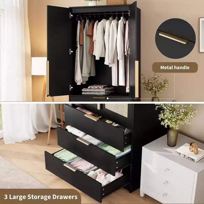 Coolmee Armadio Guardaroba in Rattan con 3 Cassetti e 2 Ante, Armadi in Legno per Abiti Appesi, Armadi Alti da Camera da Letto