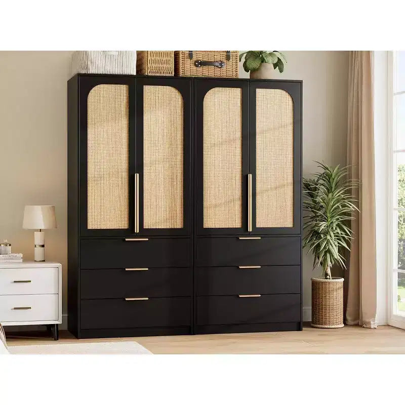 Coolmee Armadio Guardaroba in Rattan con 3 Cassetti e 2 Ante, Armadi in Legno per Abiti Appesi, Armadi Alti da Camera da Letto