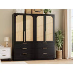 Coolmee Armadio Guardaroba in Rattan con 3 Cassetti e 2 Ante, Armadi in Legno per Abiti Appesi, Armadi Alti da Camera da Letto