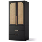 Coolmee Armadio Guardaroba in Rattan con 3 Cassetti e 2 Ante, Armadi in Legno per Abiti Appesi, Armadi Alti da Camera da Letto