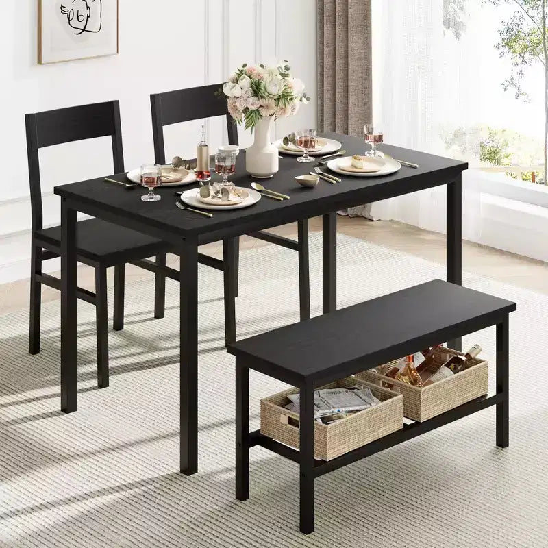 Set da Pranzo in Legno da 4 Pezzi con Panca e 2 Sedie, Set Tavolo da Cucina con Ripiano Portaoggetti, Salvaspazio