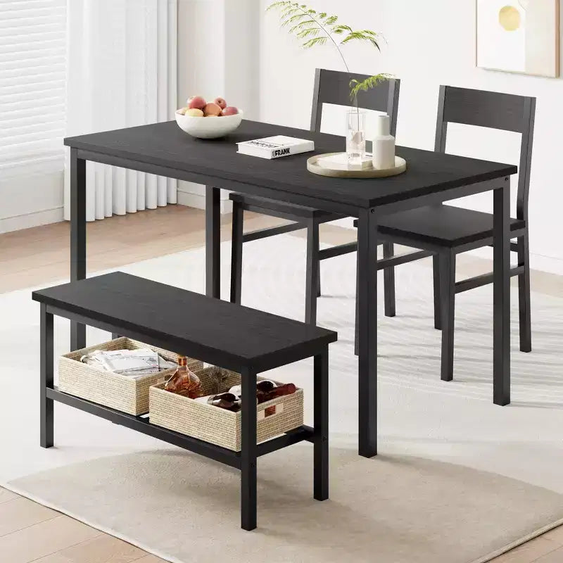 Set da Pranzo in Legno da 4 Pezzi con Panca e 2 Sedie, Set Tavolo da Cucina con Ripiano Portaoggetti, Salvaspazio