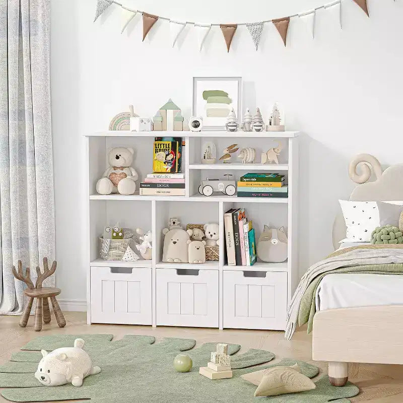 Acekool Libreria per bambini, mobile contenitore giocattoli, organizer con 3 cassetti mobili e ruote nascoste, 6 scomparti per camera da letto, sala giochi, asilo nido, bianco
