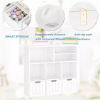 Acekool Libreria per bambini, mobile contenitore giocattoli, organizer con 3 cassetti mobili e ruote nascoste, 6 scomparti per camera da letto, sala giochi, asilo nido, bianco
