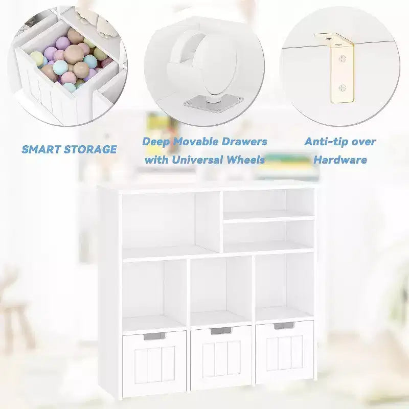 Acekool Libreria per bambini, mobile contenitore giocattoli, organizer con 3 cassetti mobili e ruote nascoste, 6 scomparti per camera da letto, sala giochi, asilo nido, bianco