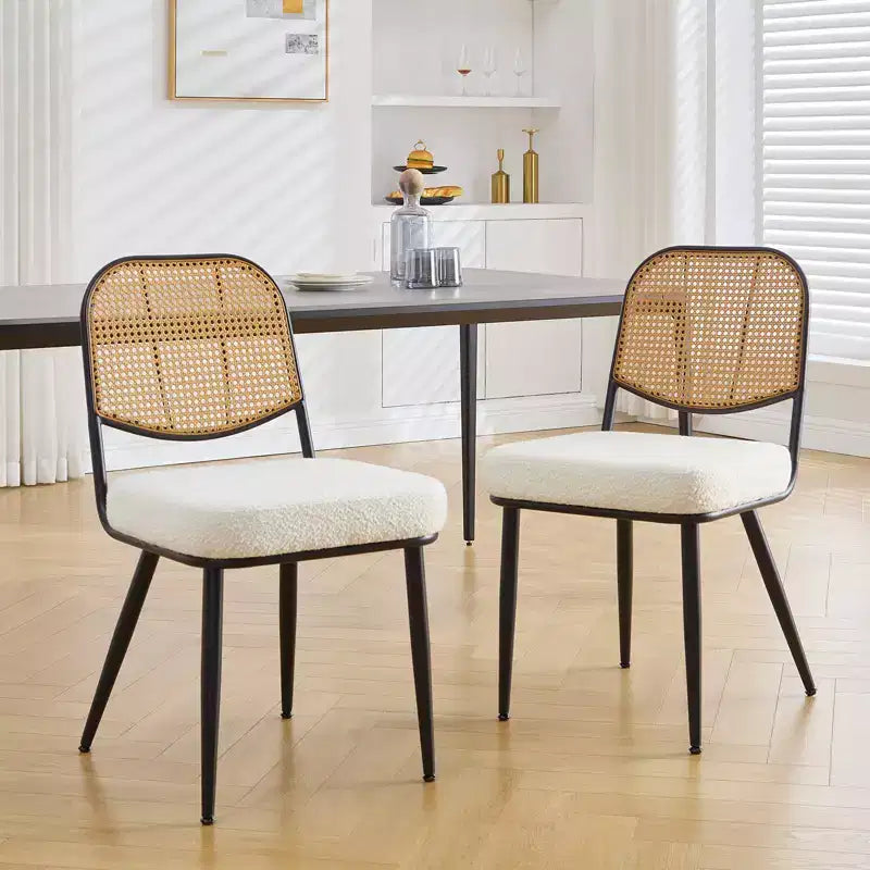 Bekrvio Rattan Dining Chairs Set di 2 - Sedie Laterali in Bouclé con Schienale in Cannage e Gambe in Metallo, Stile Moderno di Metà Secolo, per Cucina