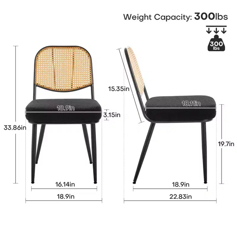 Bekrvio Rattan Dining Chairs Set di 2 - Sedie Laterali in Bouclé con Schienale in Cannage e Gambe in Metallo, Stile Moderno di Metà Secolo, per Cucina