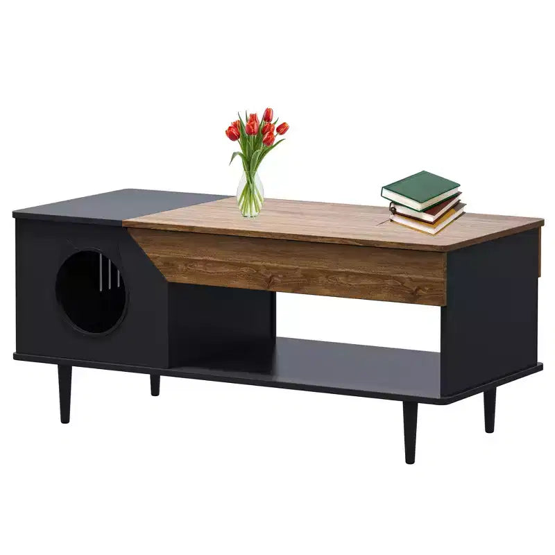 TROPOW Tavolino da Caffè Nero 45'' Tavoli per Gatti Soggiorno con Cassetto Portaoggetti, Tavolini da Caffè Rustici in Legno con Casetta per Gatti