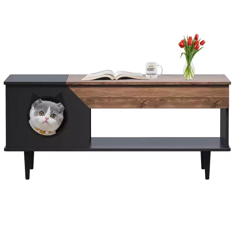 TROPOW Tavolino da Caffè Nero 45'' Tavoli per Gatti Soggiorno con Cassetto Portaoggetti, Tavolini da Caffè Rustici in Legno con Casetta per Gatti