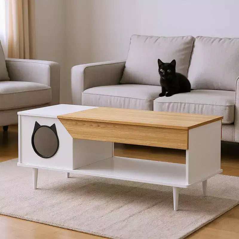 TROPOW Tavolino da Caffè Nero 45'' Tavoli per Gatti Soggiorno con Cassetto Portaoggetti, Tavolini da Caffè Rustici in Legno con Casetta per Gatti