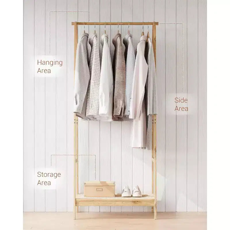 Appendiabiti con Ripiano, Appendiabiti Autoportante in Bambù per Camera da Letto, Balcone, Negozio di Vestiti, Organizzatore per Vestiti, Legno