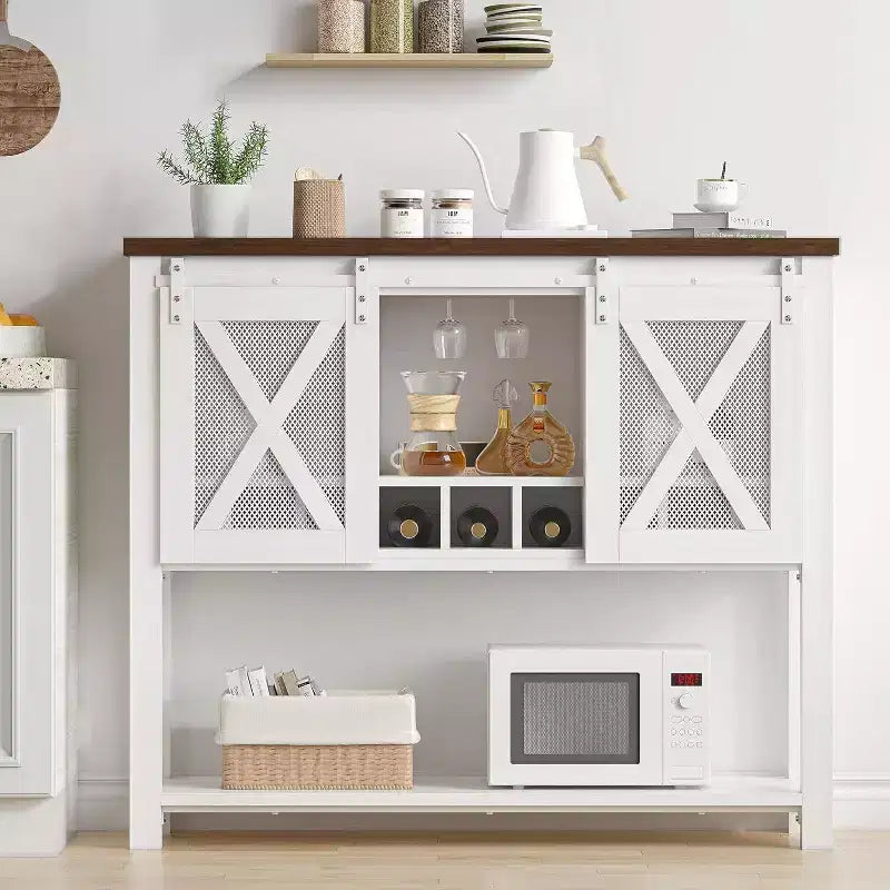 Coolmee Credenza Madia, Mobile Bar Caffè, Consolle con Ante Scorrevoli a Stalla, Tavolo d'Ingresso con Ripiano Contenitore e Portabottiglie