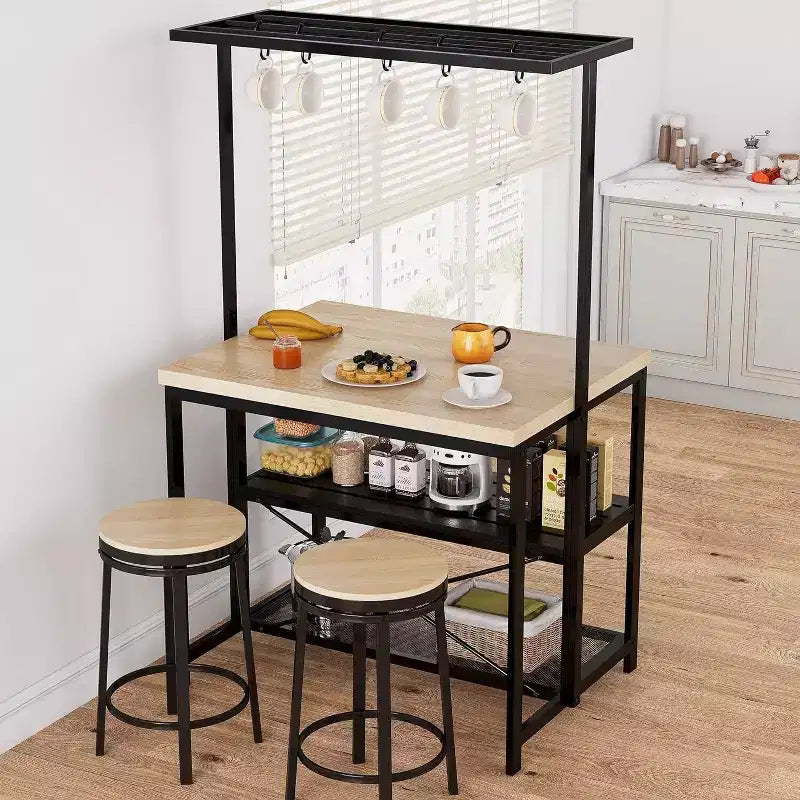 Coolmee Isola da Cucina da 42/47 Pollici con Contenitore e Posti a Sedere - Scaffale a 3 Ripiani, Supporto per Microonde, Tavolo da Pranzo per 4, 5 Ganci e Capacità di 50 libbre