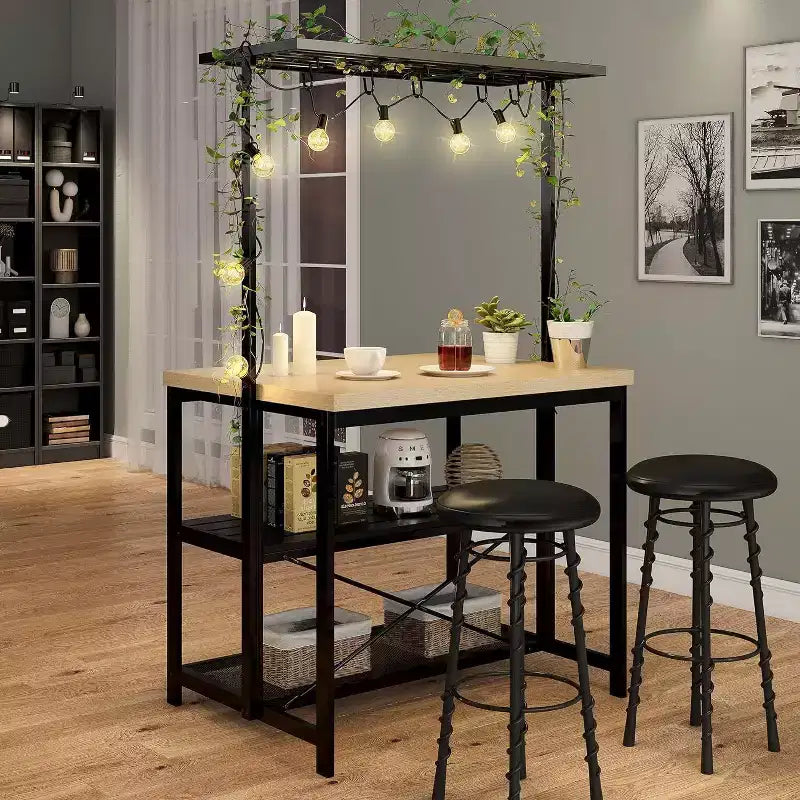 Coolmee Isola da Cucina da 42/47 Pollici con Contenitore e Posti a Sedere - Scaffale a 3 Ripiani, Supporto per Microonde, Tavolo da Pranzo per 4, 5 Ganci e Capacità di 50 libbre