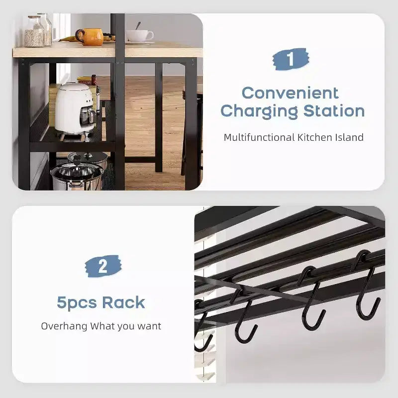 Coolmee Isola da Cucina da 42/47 Pollici con Contenitore e Posti a Sedere - Scaffale a 3 Ripiani, Supporto per Microonde, Tavolo da Pranzo per 4, 5 Ganci e Capacità di 50 libbre