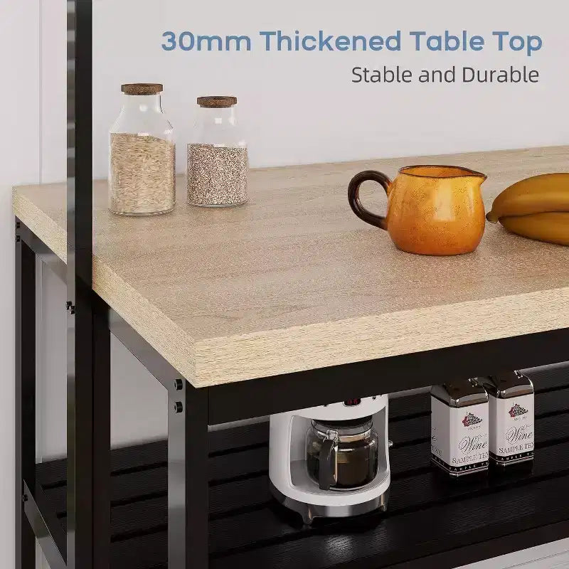 Coolmee Isola da Cucina da 42/47 Pollici con Contenitore e Posti a Sedere - Scaffale a 3 Ripiani, Supporto per Microonde, Tavolo da Pranzo per 4, 5 Ganci e Capacità di 50 libbre