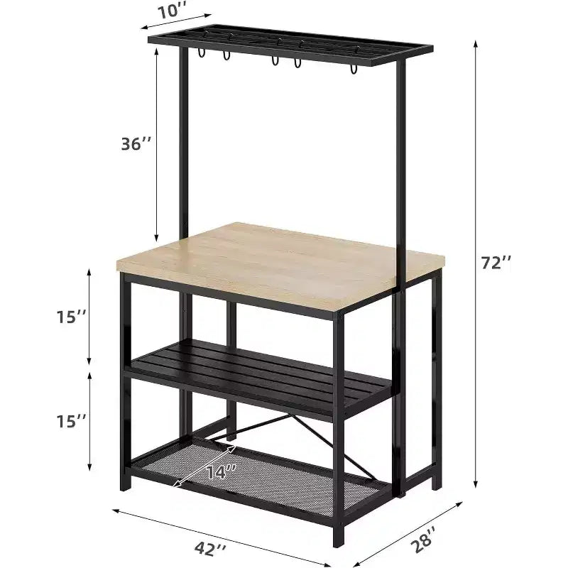 Coolmee Isola da Cucina da 42/47 Pollici con Contenitore e Posti a Sedere - Scaffale a 3 Ripiani, Supporto per Microonde, Tavolo da Pranzo per 4, 5 Ganci e Capacità di 50 libbre