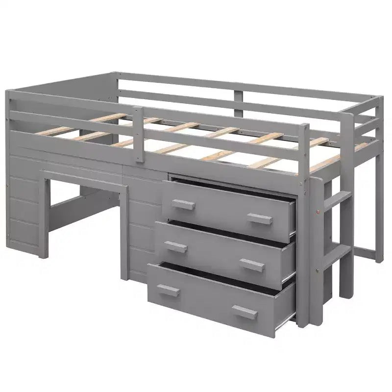 Letto a soppalco basso con contenitore per bambini, letto a soppalco singolo in legno con armadio e mensola per bambine e bambini