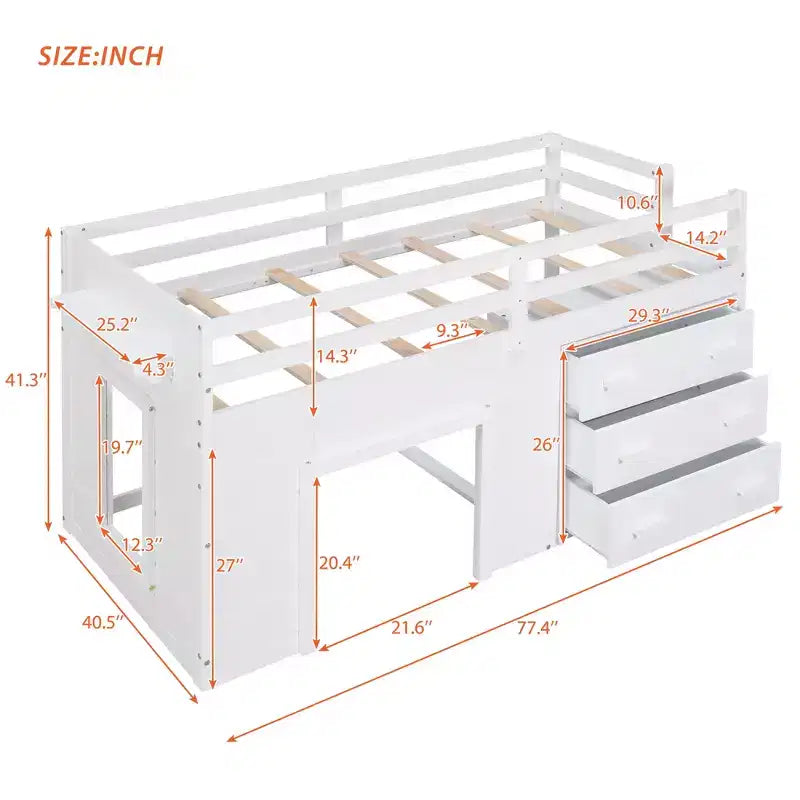 Letto a soppalco basso con contenitore per bambini, letto a soppalco singolo in legno con armadio e mensola per bambine e bambini