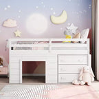 Letto a soppalco basso con contenitore per bambini, letto a soppalco singolo in legno con armadio e mensola per bambine e bambini