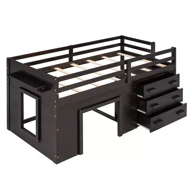 Letto a soppalco basso con contenitore per bambini, letto a soppalco singolo in legno con armadio e mensola per bambine e bambini