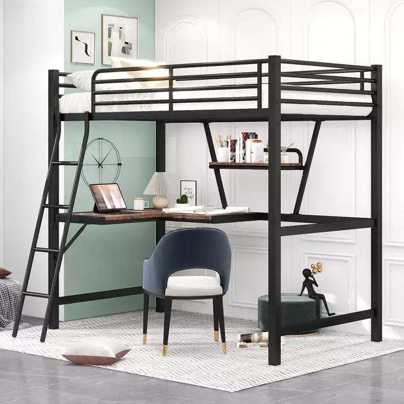 Metal Twin Size Loft Bed with Desk for Kids Teens, Hight Twin Loft Bed Frame with Small Shelf
