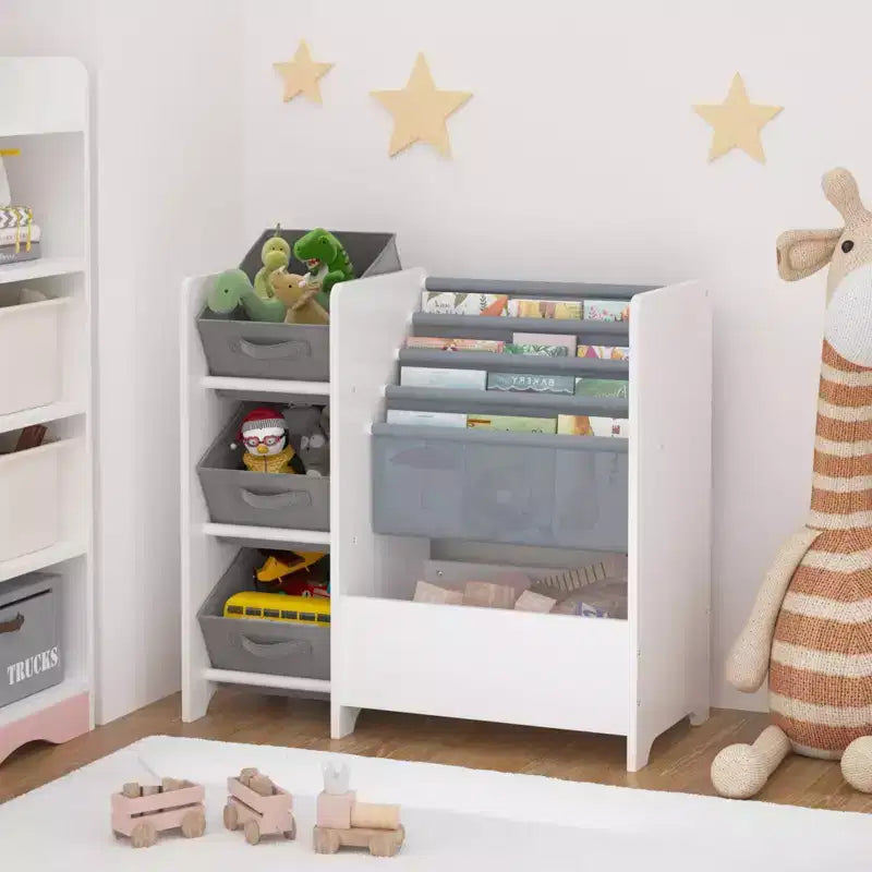 Scaffale per libri per bambini e organizer per giocattoli, libreria multifunzionale a 4 ripiani per bambini con 3 cassetti pieghevoli in tessuto