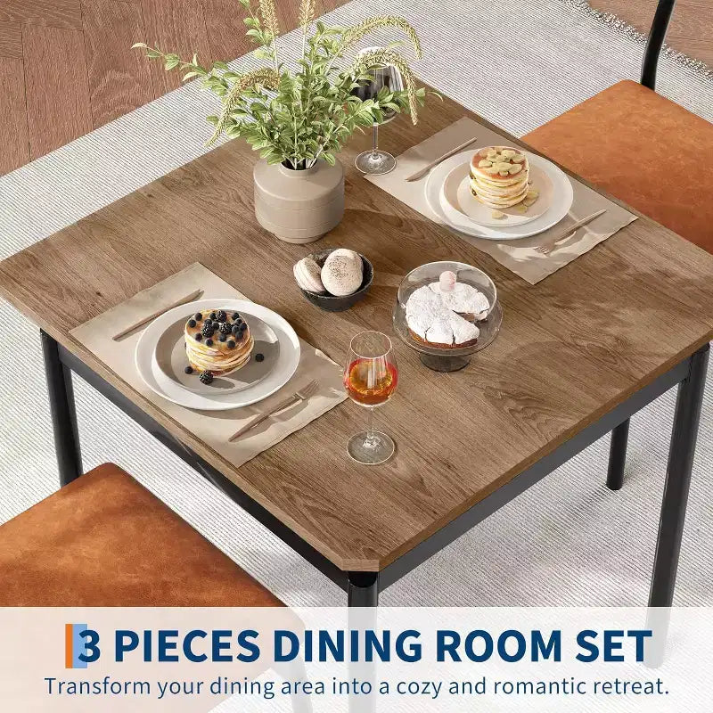 Set da pranzo per 3 persone, Tavolo e sedie moderni in legno con 2 sedie imbottite in pelle PU, Set da 3 pezzi per angolo colazione, Per piccoli spazi