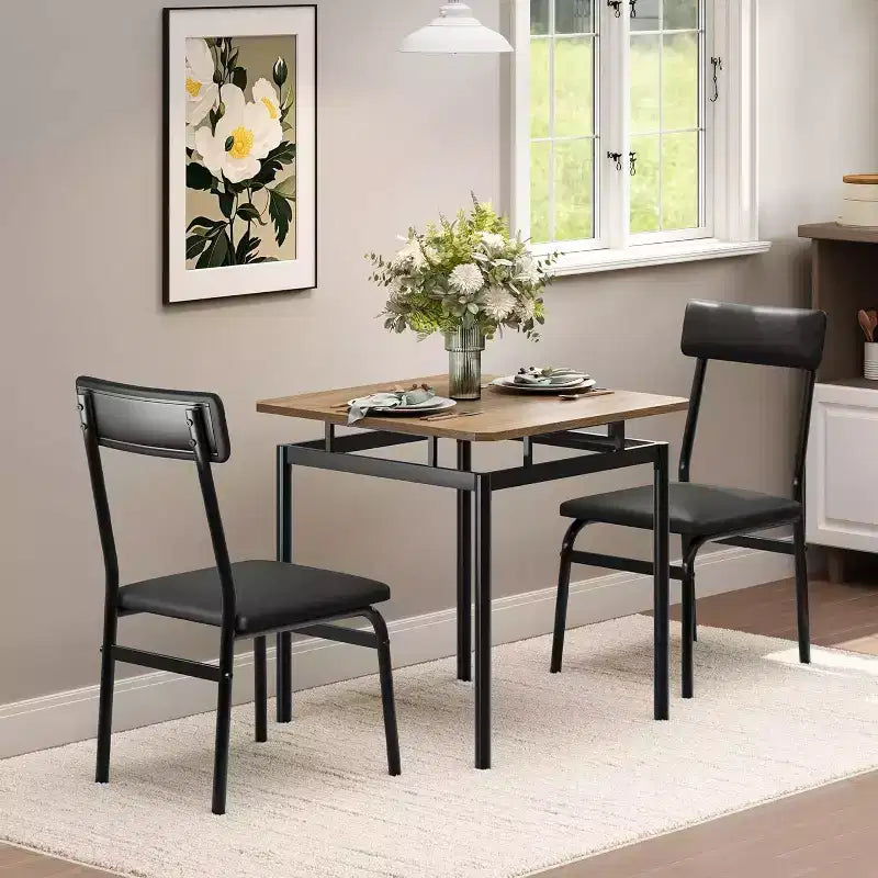 Set da pranzo per 3 persone, Tavolo e sedie moderni in legno con 2 sedie imbottite in pelle PU, Set da 3 pezzi per angolo colazione, Per piccoli spazi