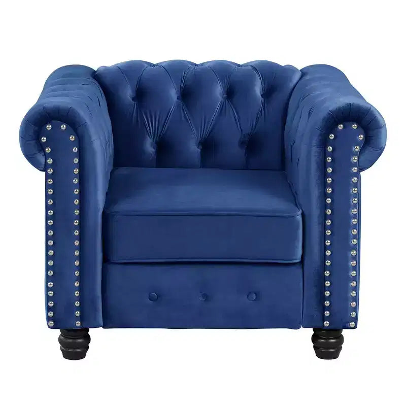 Poltrona Chesterfield in velluto con cuscino profondo per soggiorno, blu - Morden Fort