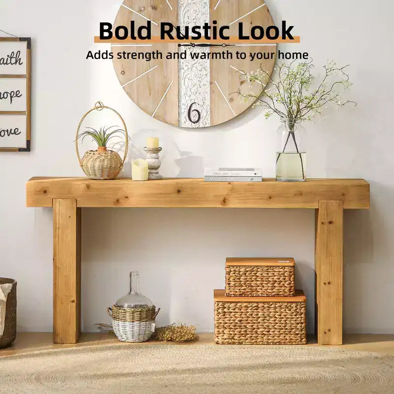 Consolle in legno massiccio 63, Tavolo da divano rustico stile fattoria, Tavolo d'appoggio stretto per corridoio, Naturale - ModernLuxe