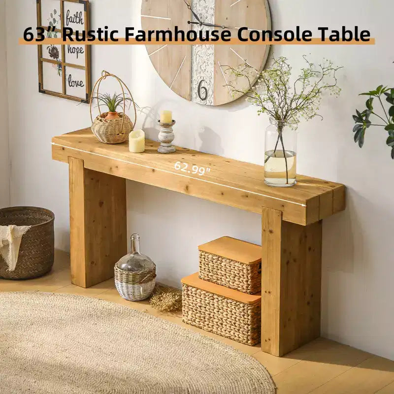 Consolle in legno massiccio 63, Tavolo da divano rustico stile fattoria, Tavolo d'appoggio stretto per corridoio, Naturale - ModernLuxe