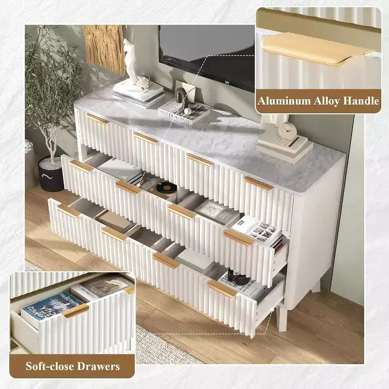 Cassettiera AMERLIFE con 6 cassetti scanalati e top in finto marmo, comò da 137 cm per camera da letto, soggiorno, corridoio, ingresso, bianco