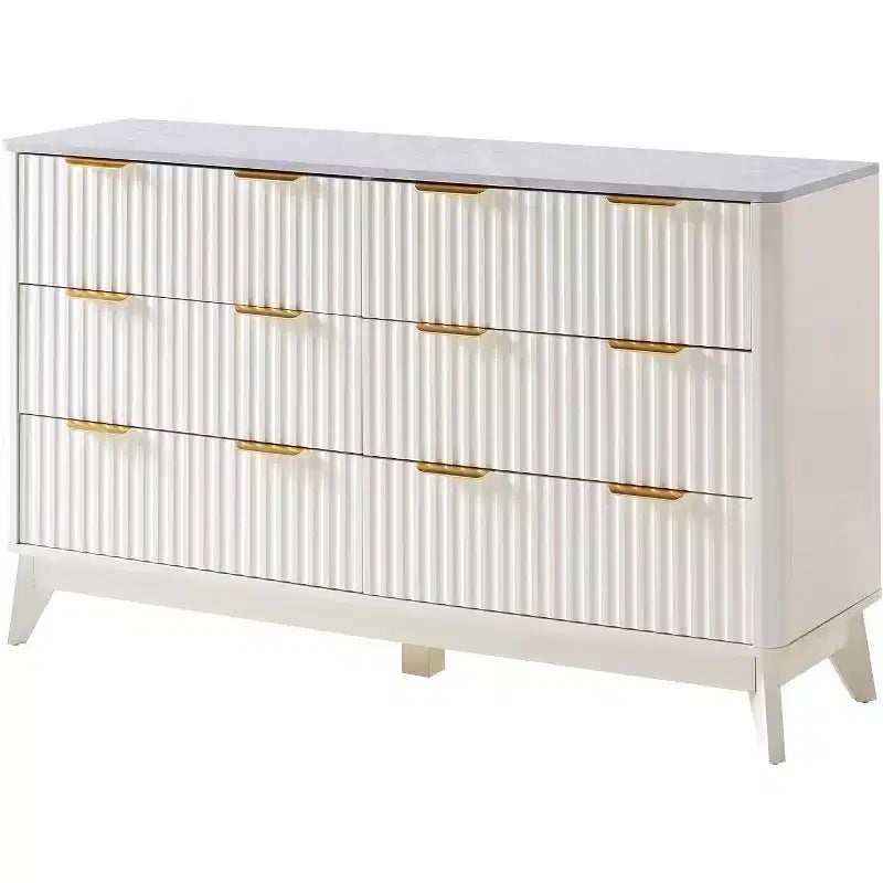 Cassettiera AMERLIFE con 6 cassetti scanalati e top in finto marmo, comò da 137 cm per camera da letto, soggiorno, corridoio, ingresso, bianco
